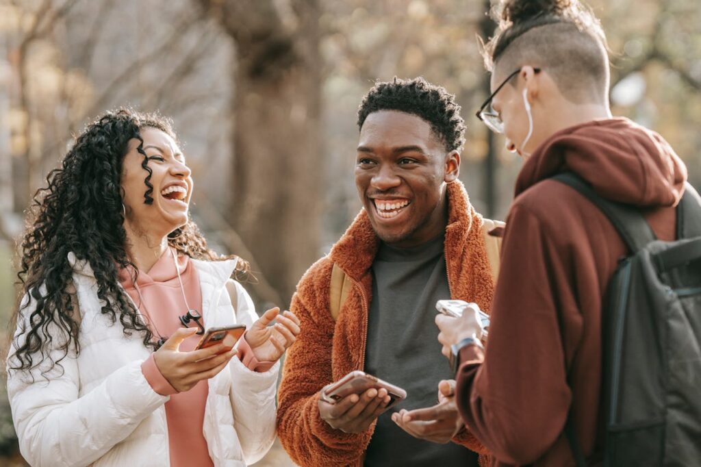 three young friends talking